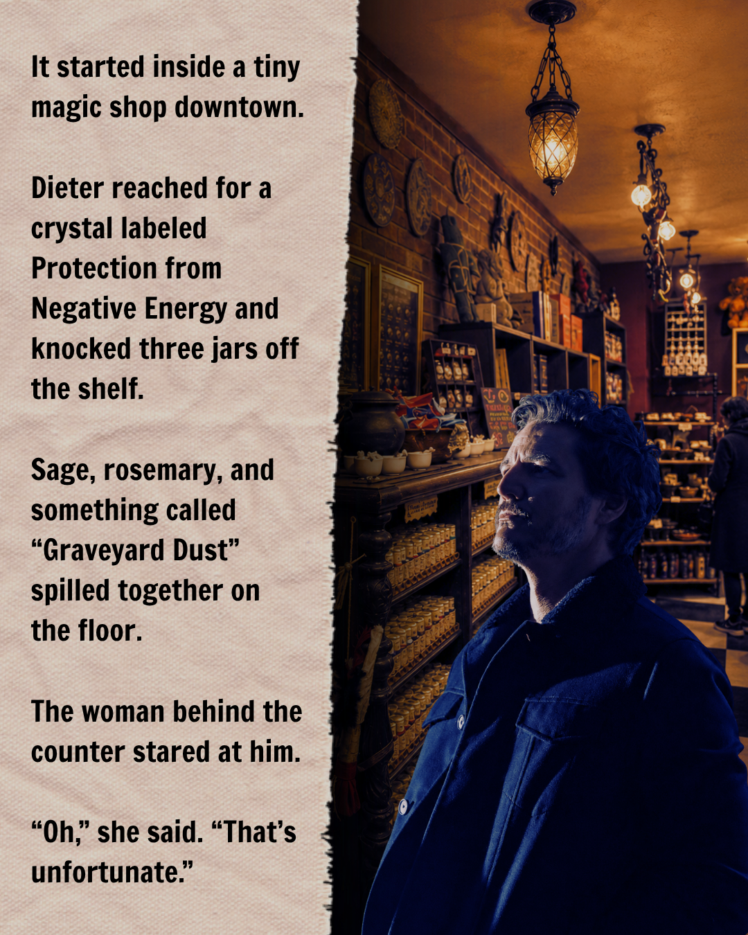 Pedro Pascal as Dieter Bravo inside a dimly lit Salem magic shop filled with herbs, crystals, candles, and mystical decorations in a supernatural Halloween fan story.