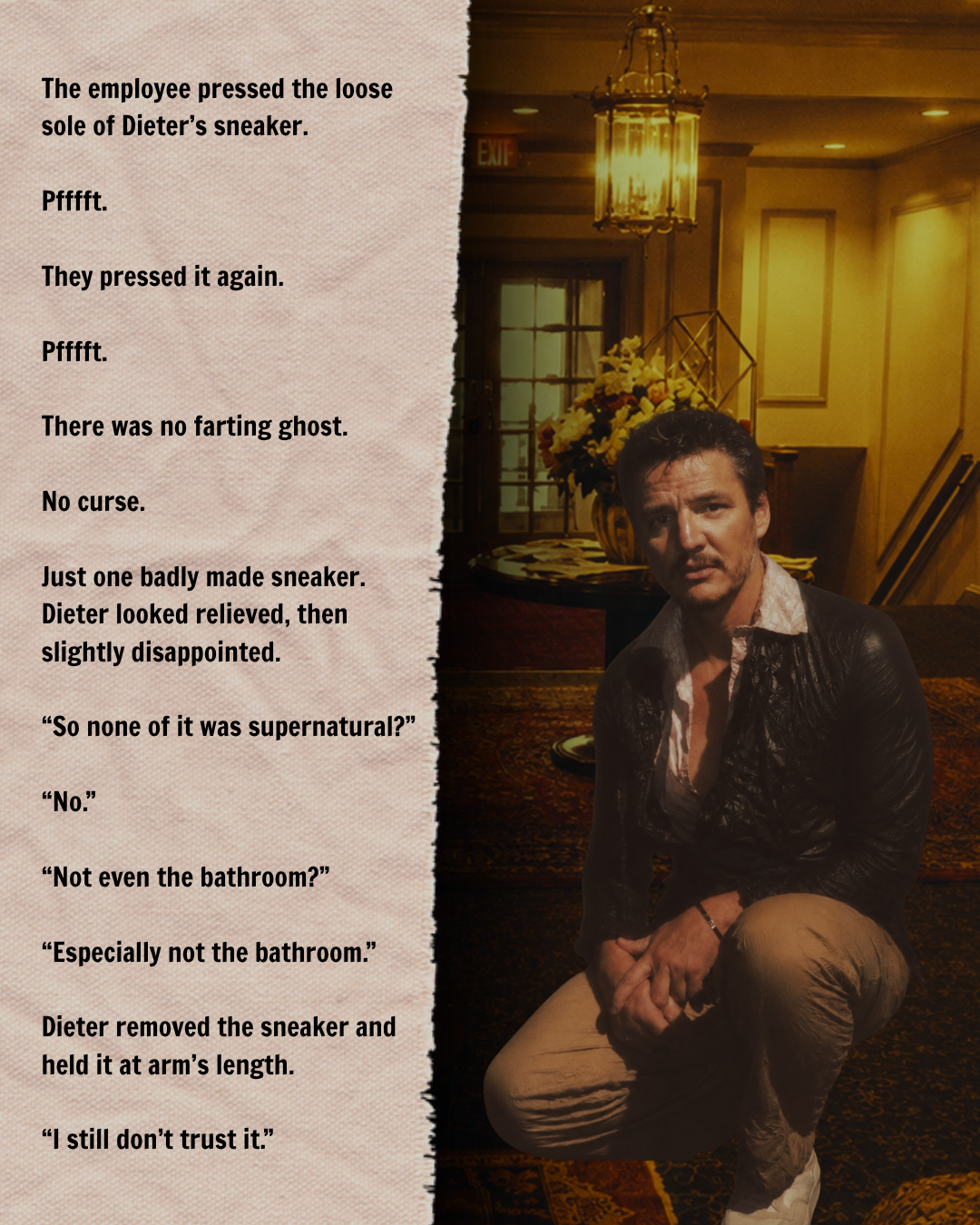 Pedro Pascal as Dieter Bravo crouching inside the Hawthorne Hotel lobby in Salem as the Halloween story reveals that a loose sneaker sole caused the mysterious noises.