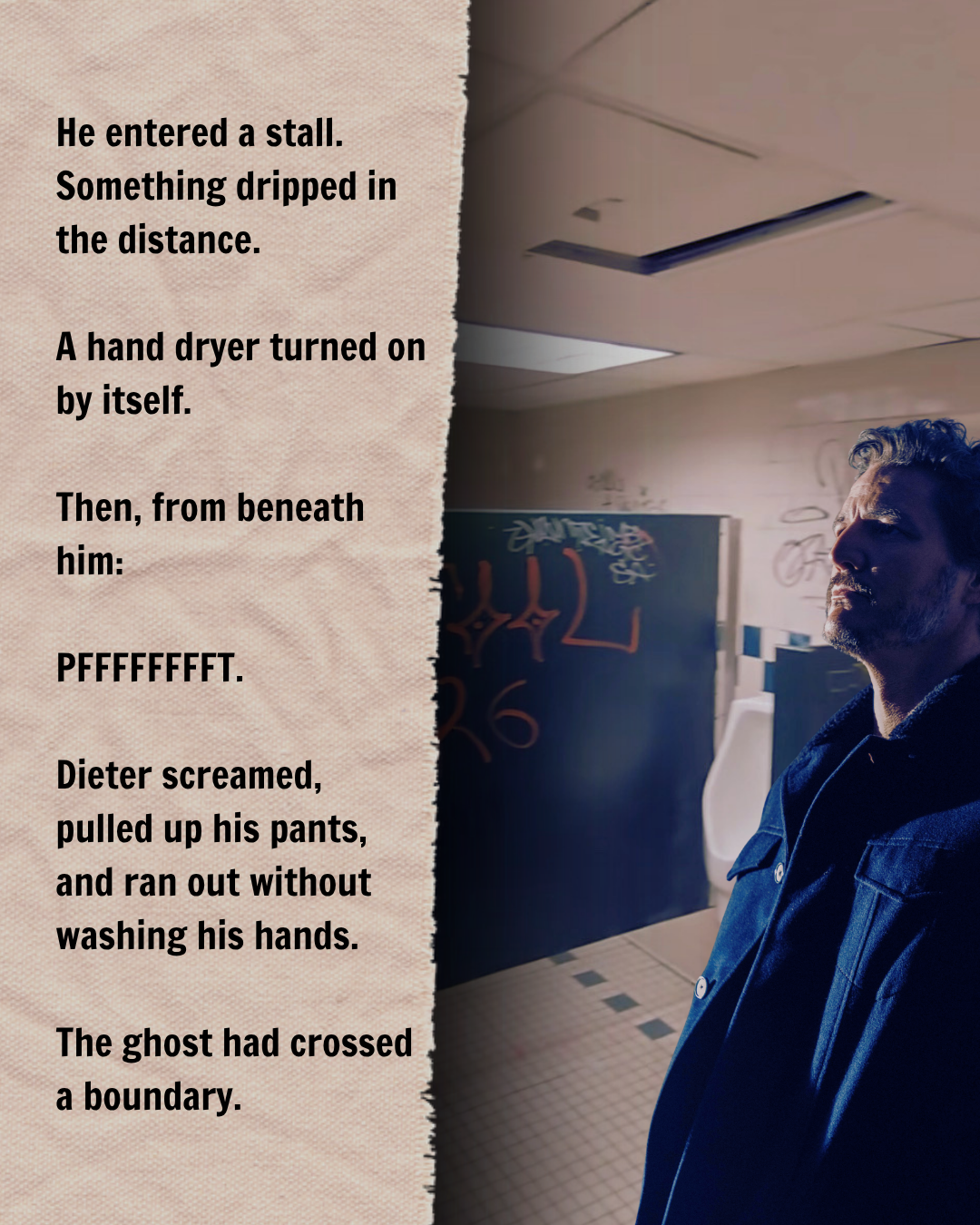 Pedro Pascal portraying Dieter Bravo in a run-down Salem public bathroom with graffiti-covered walls, restroom stalls, and urinals during a humorous supernatural encounter.