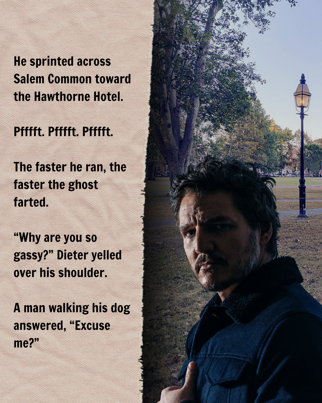 Pedro Pascal as Dieter Bravo looking over his shoulder in Salem Common, Massachusetts, with large trees, an open grassy park, and a historic streetlamp behind him.