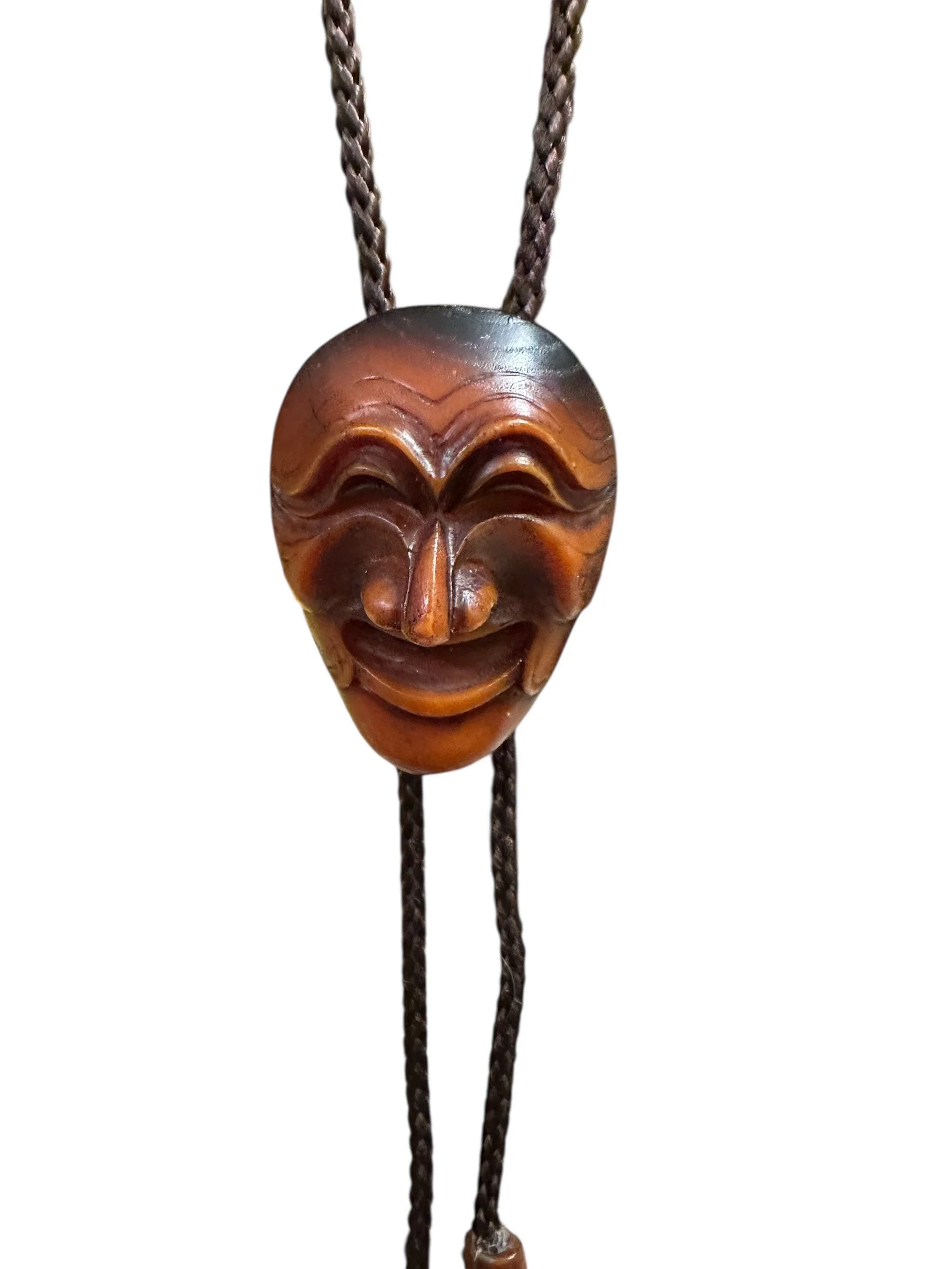 Vintage Korean Hahoetal Yangban wood-look face mask bolo tie