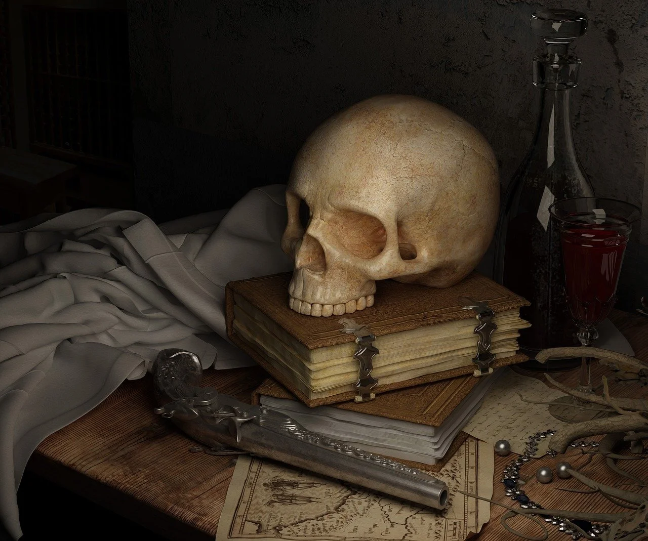 A human skull resting on a stack of old books on a wooden table, with a silver pistol, jewelry, a scroll, a glass of red liquid, and a decanter nearby. White fabric is draped on the table, and the background is dark.