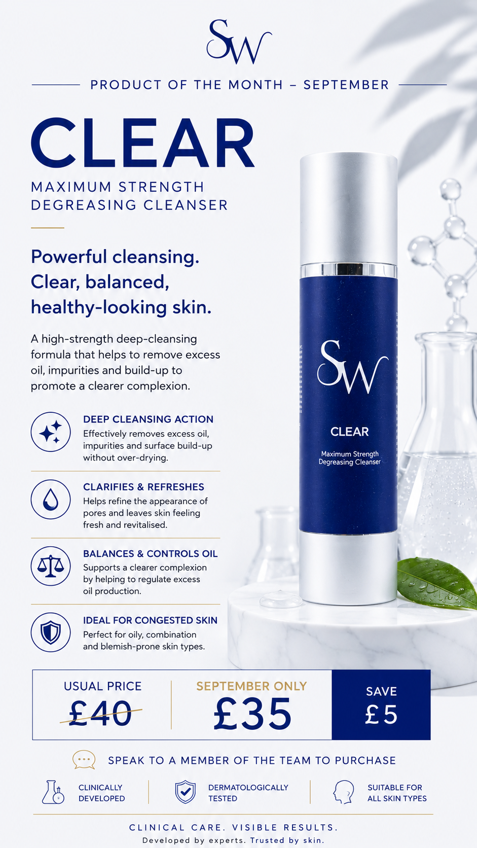 A promotional flyer for SW clear maximum strength degreasing cleanser, highlighting its features, benefits, and special price offer for September.
