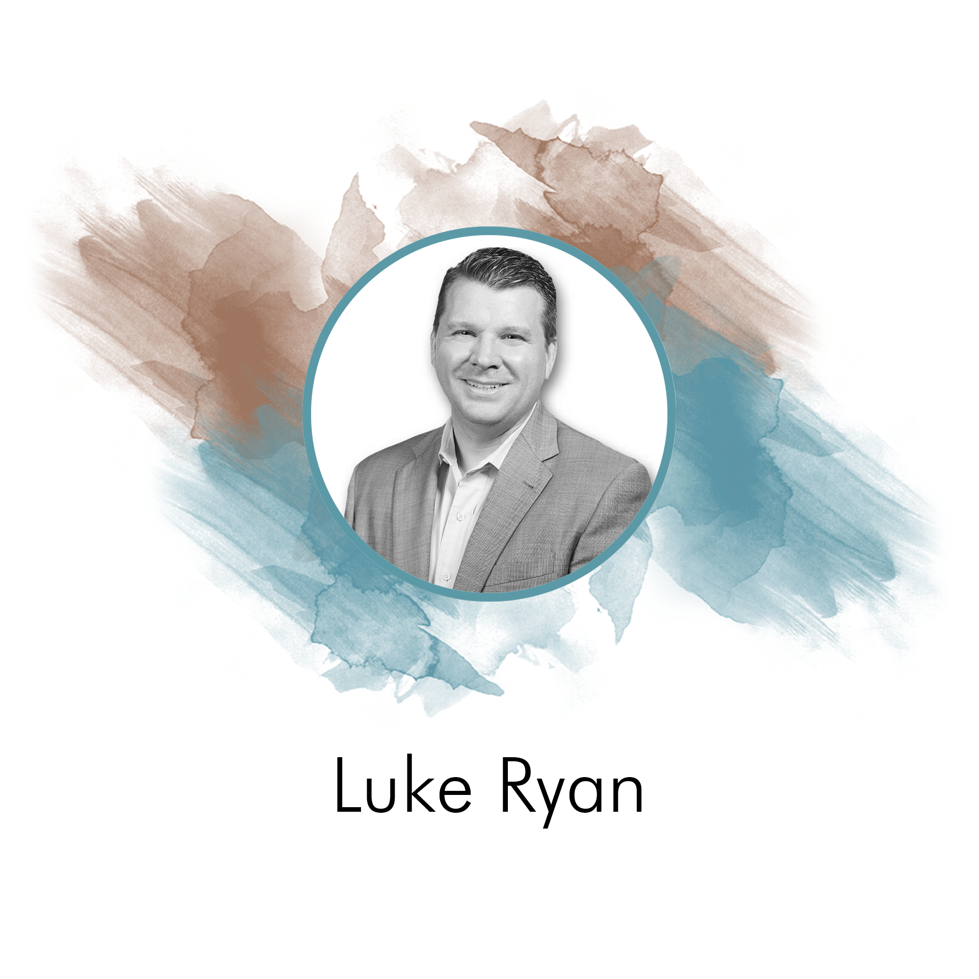 headshot of a smiling man with short hair, wearing a suit and dress shirt, inside a circular frame with a background of a stylized map and watercolor paint strokes in blue, brown, and beige.