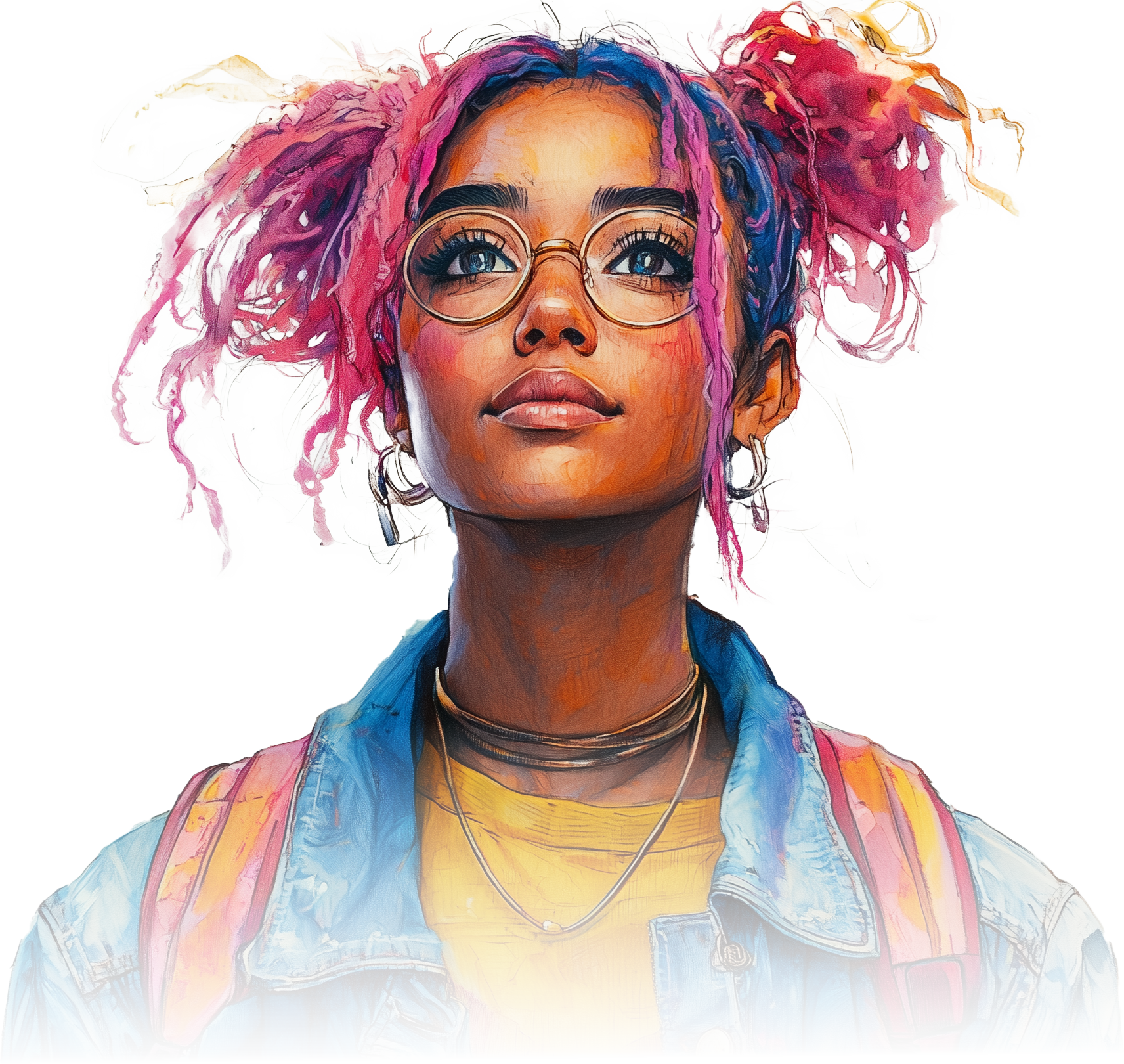 Digital artwork of a young woman with colorful dreadlocks, wearing glasses, a denim jacket, a yellow shirt, and a backpack, with a confident expression.