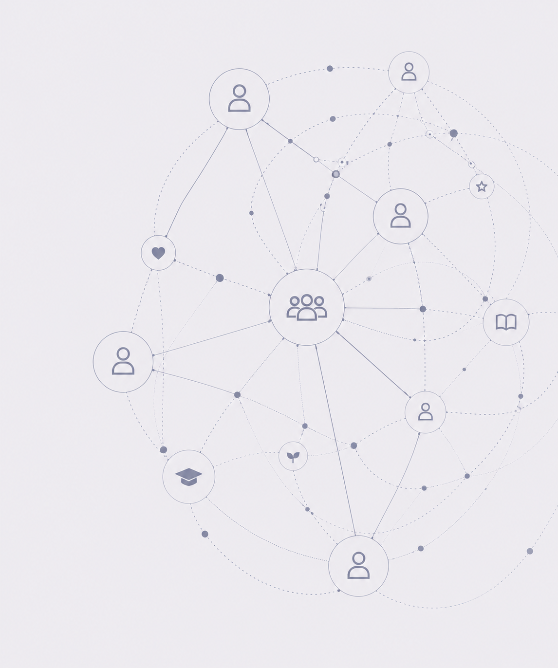A digital network diagram with interconnected icons representing people, a heart, a star, a book, and other symbols, illustrating social connections.
