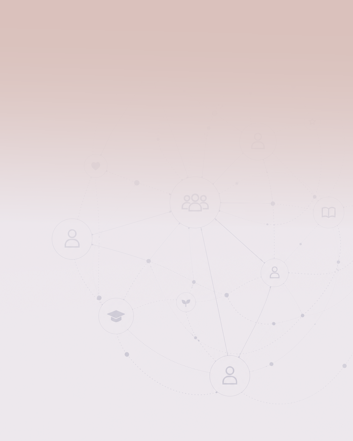 A digital background with a pink gradient, featuring light gray network icons including people, hearts, books, and graduation caps, connected by dotted and solid lines.
