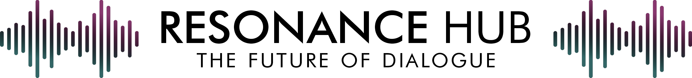 Colorful sound wave visualization with purple, teal, and black vertical bars on a black background with the title "Resonance Hub: The Future of Dialogue"