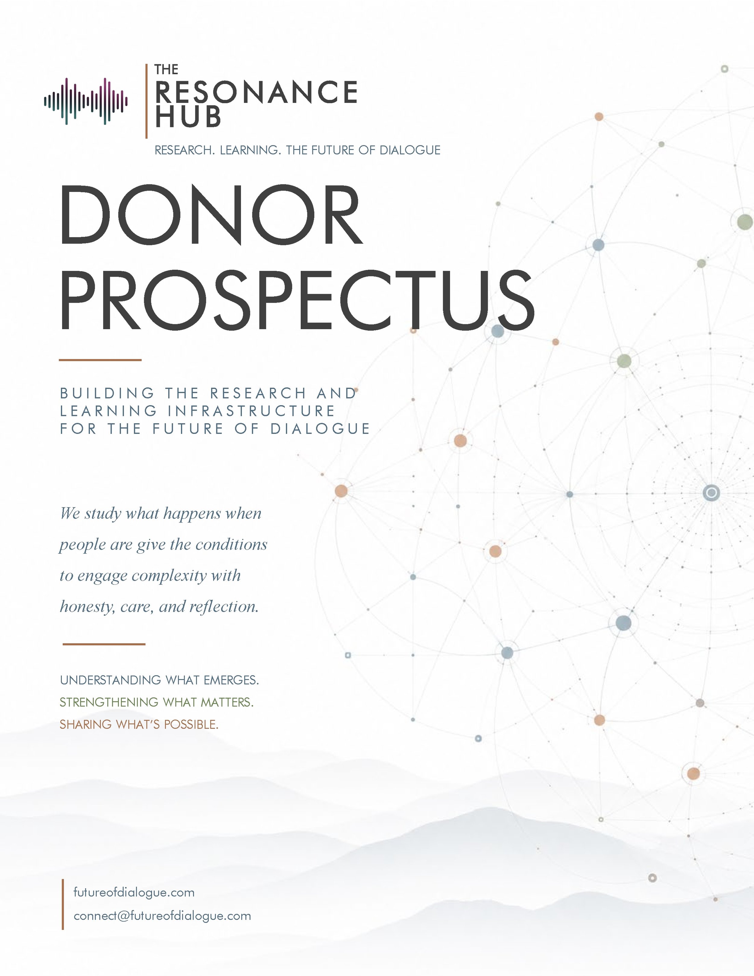 A promotional poster for The Resonance Hub featuring a network of interconnected nodes and lines in the background. The poster emphasizes research, learning, and dialogue, with sections about building infrastructure, understanding, strengthening, and sharing ideas, along with contact information for futureofdialogue.com.