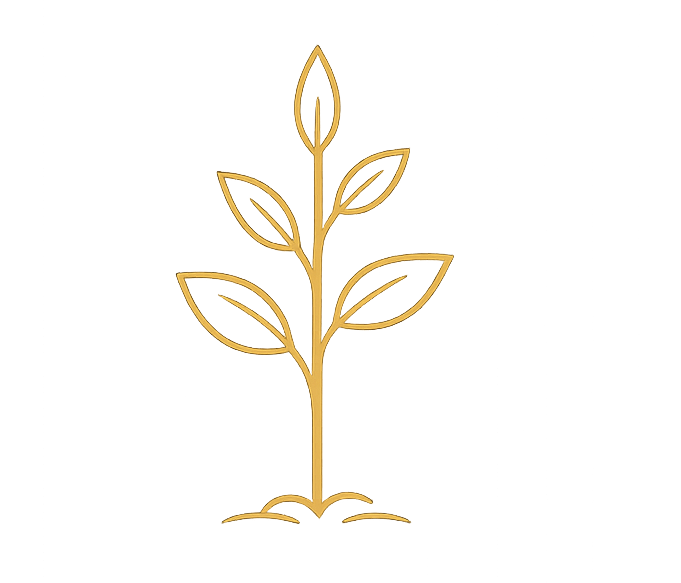 Stylized gold illustration of a plant with multiple leaves on a white background.