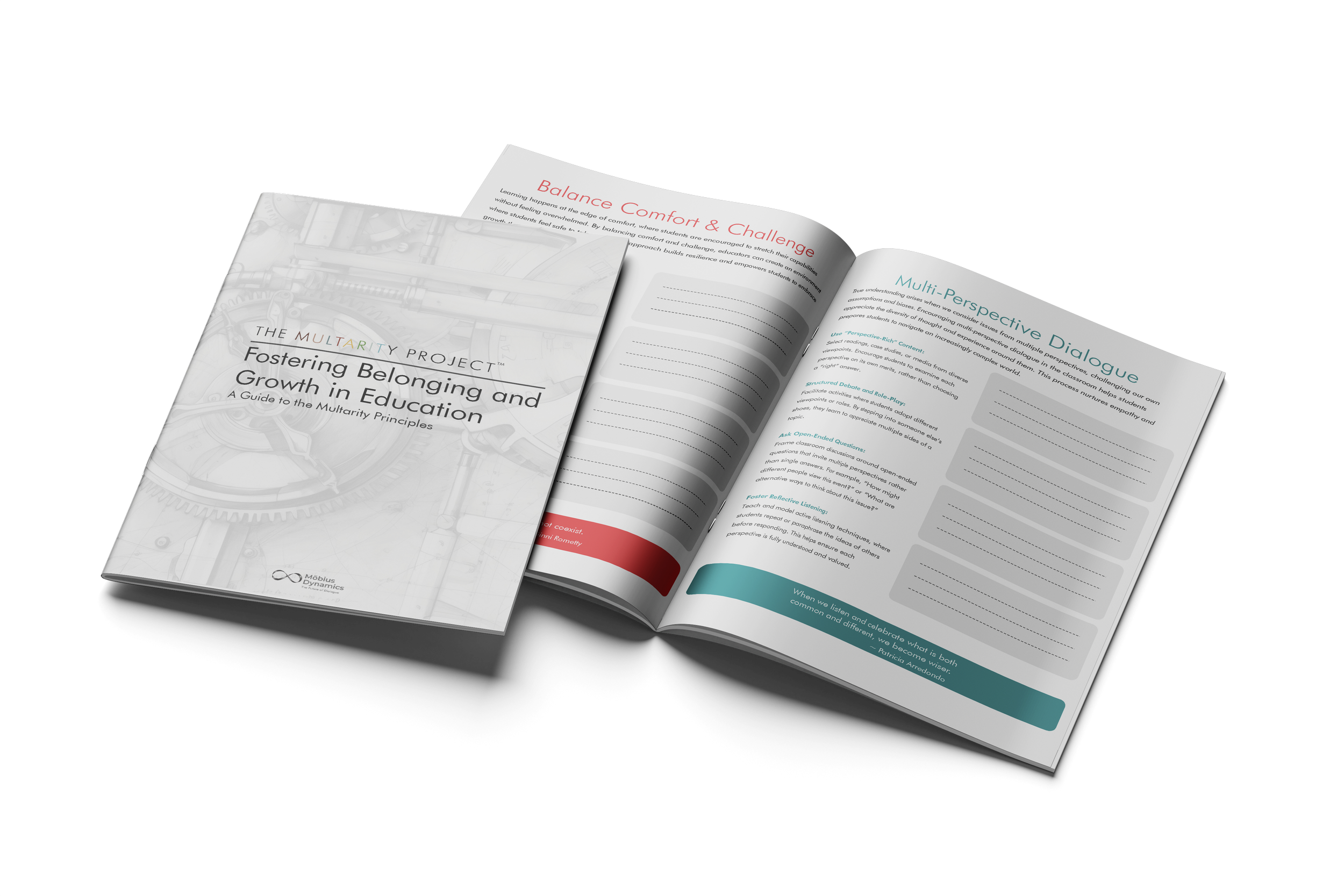 Open educational booklet titled 'Fostering Belonging and Growth in Education' from the Multarity Project, featuring sections on Balance, Comfort & Challenge, and Multi-Perspective Dialogue.
