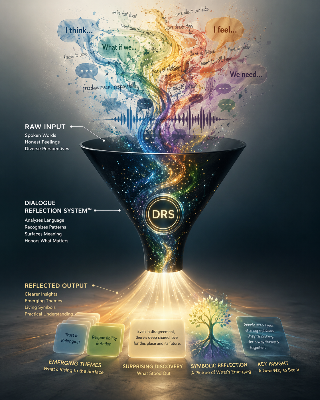 An infographic illustrating a process from raw input to reflected output. It features a colorful funnel with a swirling, tree-like structure emerging from it, labeled with concepts like 'I think...', 'I feel...', 'We need...'. The raw input includes spoken words, honest feelings, and diverse perspectives, which pass through a dialogue reflection system analyzing language, recognizing patterns, and surfaces to produce clearer insights, emerging themes, symbols, and key insights about what is rising and standing out.