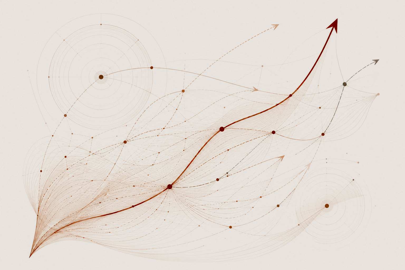 A digital abstract illustration of a rising upward-trending line graph overlaying a complex network of interconnected nodes, curves, and circular patterns.