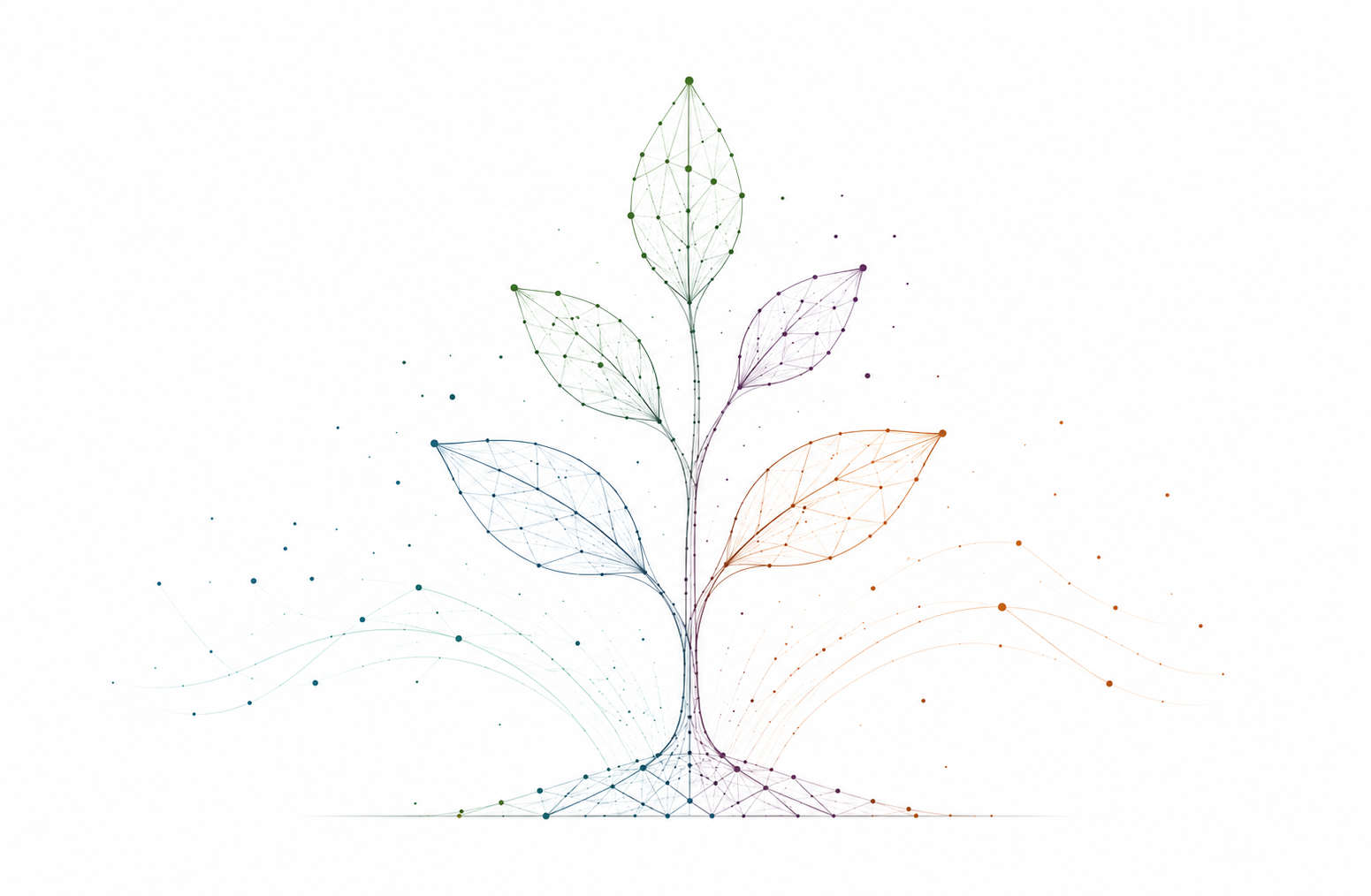 A stylized digital illustration of a plant with five leaves, created with a network of colored dots and lines, on a white background.