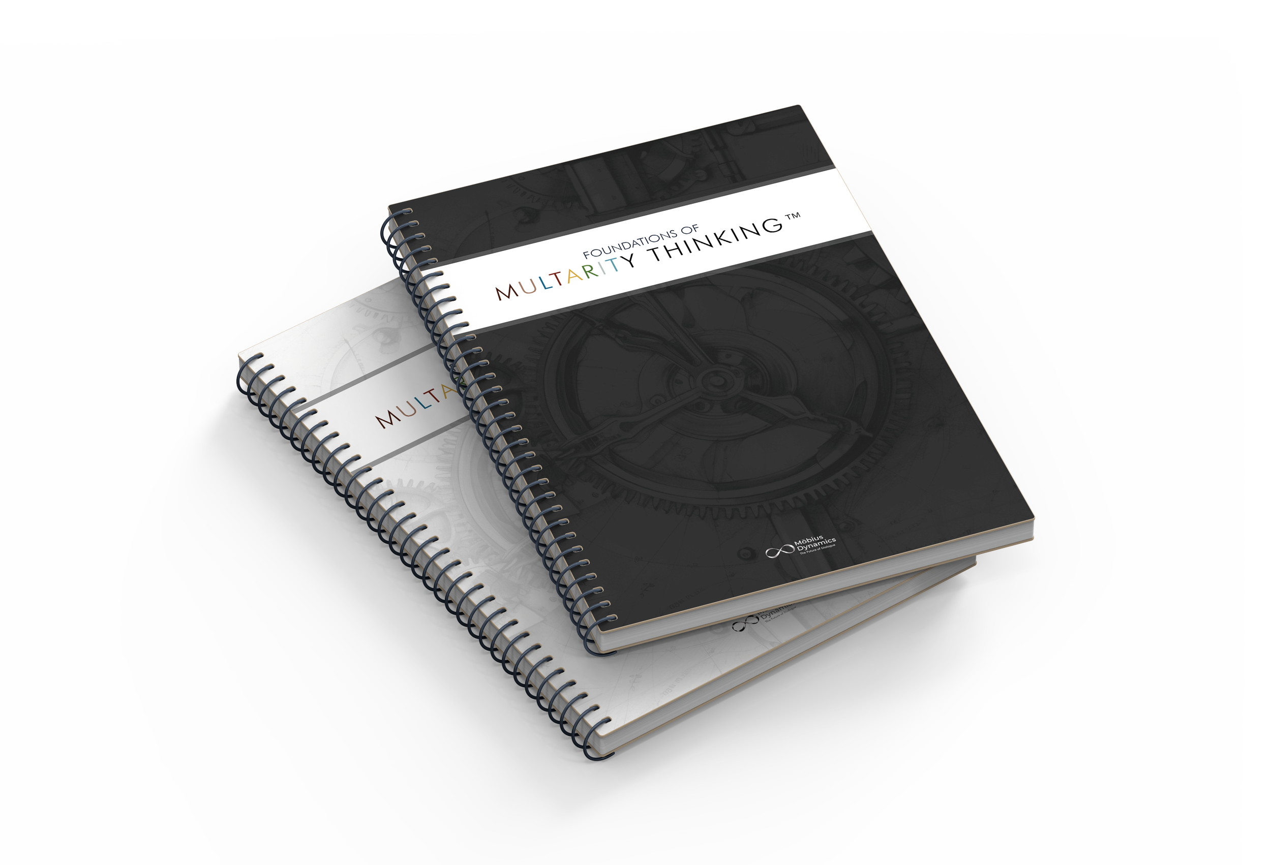 Three spiral-bound notebooks with the front cover titled 'Foundations of Multarity Thinking' arranged on a white surface, with a faint image of a clock in the background.