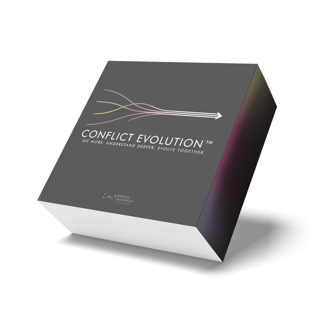 Box of Conflict Evolution  with a dark grey cover, colorful abstract lines, and a white arrow, featuring the tagline 'See more. Understand deeper. Evolve together.'