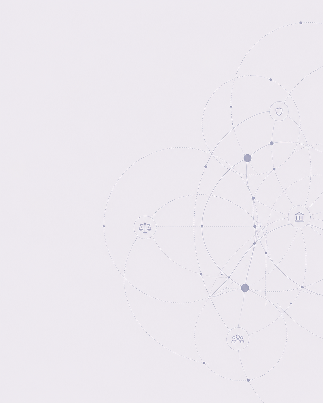 A digital network visualization with interconnected circles and icons representing legal scales, a courthouse, a shield, and a group of people.