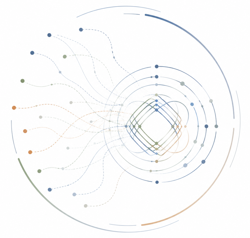 A digital visualization featuring interconnected colored lines and dots arranged in a circular, radial pattern.