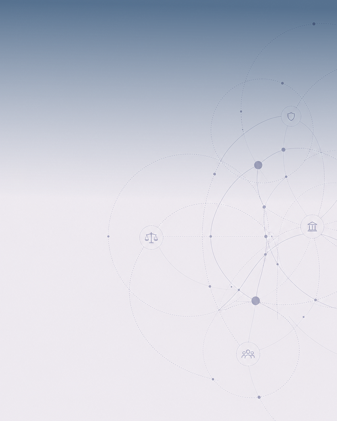 Abstract digital network background with icons representing justice, government, and community.