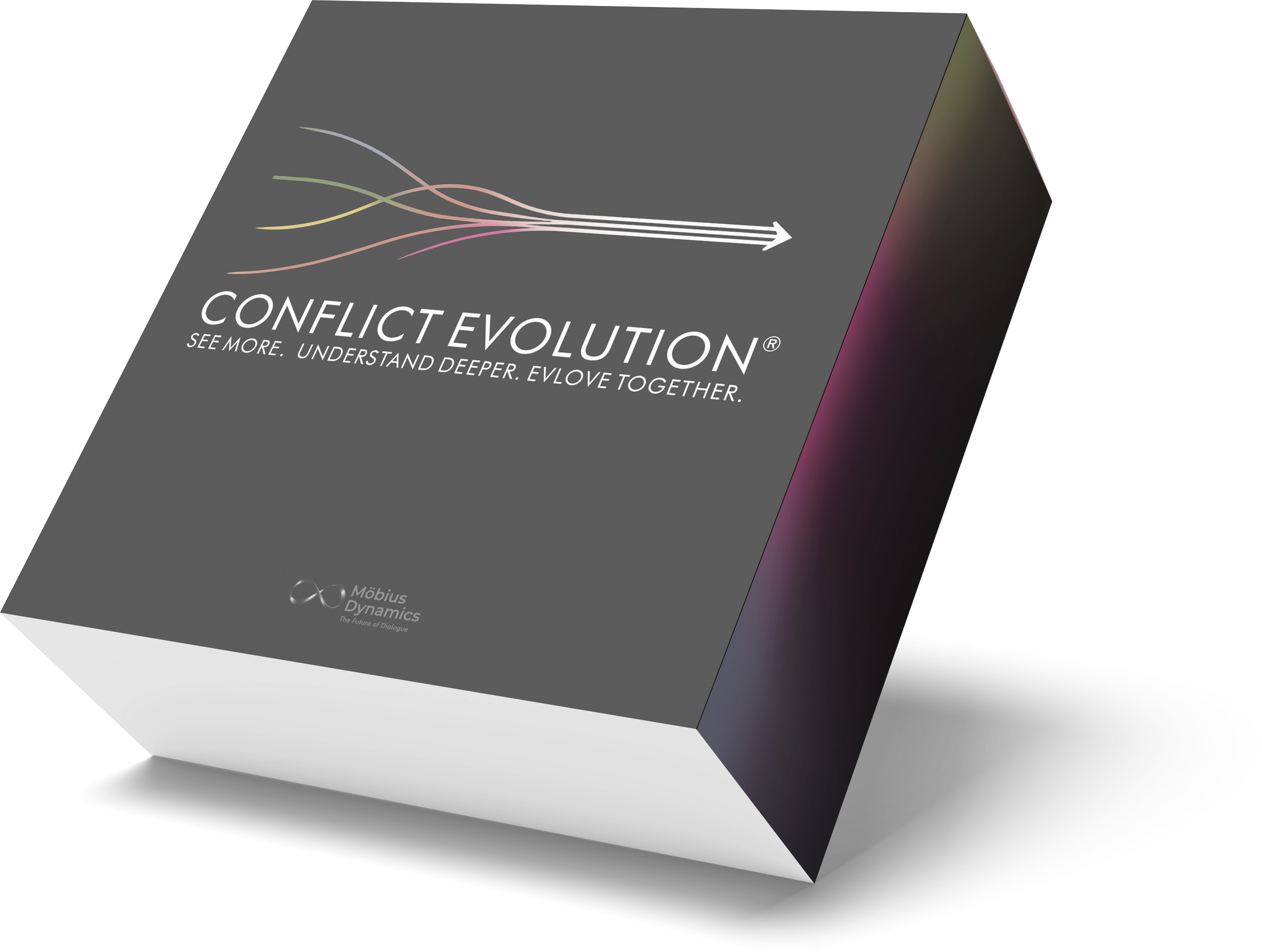 A gray box with the title 'CONFLICT EVOLUTION' and the subtitle 'See more. Understand deeper. Evolve together.' It features several colorful lines converging into a single arrow, with a logo at the bottom left that reads 'Möbius Dynamics The Future of Dialogue.'