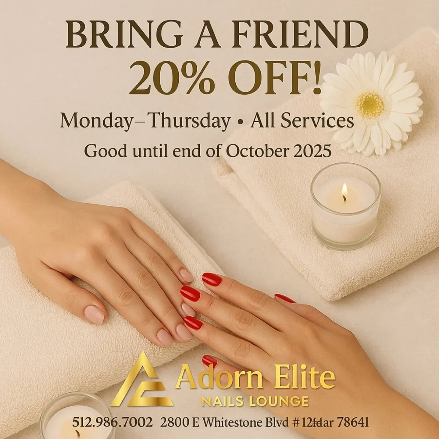 ✨ Bring a Friend &amp; Save Together! ✨
From Monday&ndash;Thursday, enjoy 20% OFF all services when you bring a friend. 💅👯&zwj;♀️

Hurry &mdash; this special is good until the end of October 2025!
Double the fun, double the glam &mdash; because nai