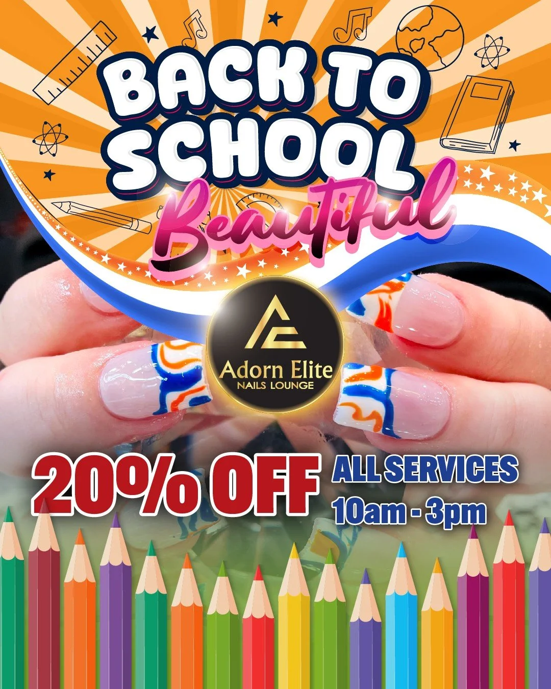 Now 20% Off 💅🏻💅🏻💅🏻
Don't miss your chance to get Back To School Beautiful and save more of your lunch money! 🤑🤑🤑
-
Our Back-to-School Discount is officially ON for the
entire month of August! 🎉
We're so excited for all the learning and
fun 