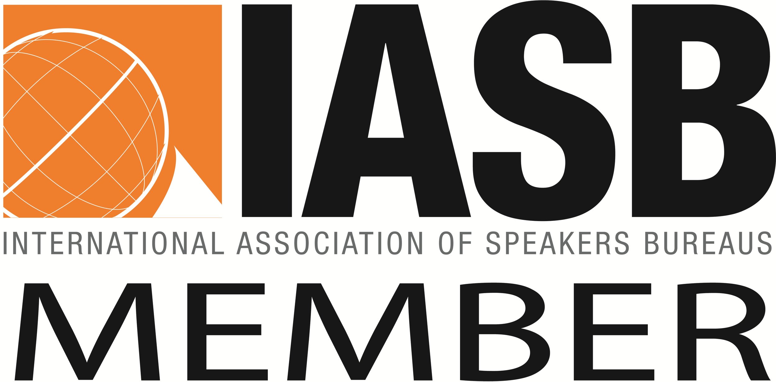 Logo of the International Association of Speakers Bureaus, featuring a globe icon and the acronym IASB, with the text "International Association of Speakers Bureaus Member".
