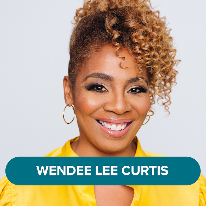 Headshot of a smiling woman with curly hair, wearing a yellow top and gold hoop earrings, against a light gray background. Text overlay says 'Wendee Lee Curtis'.