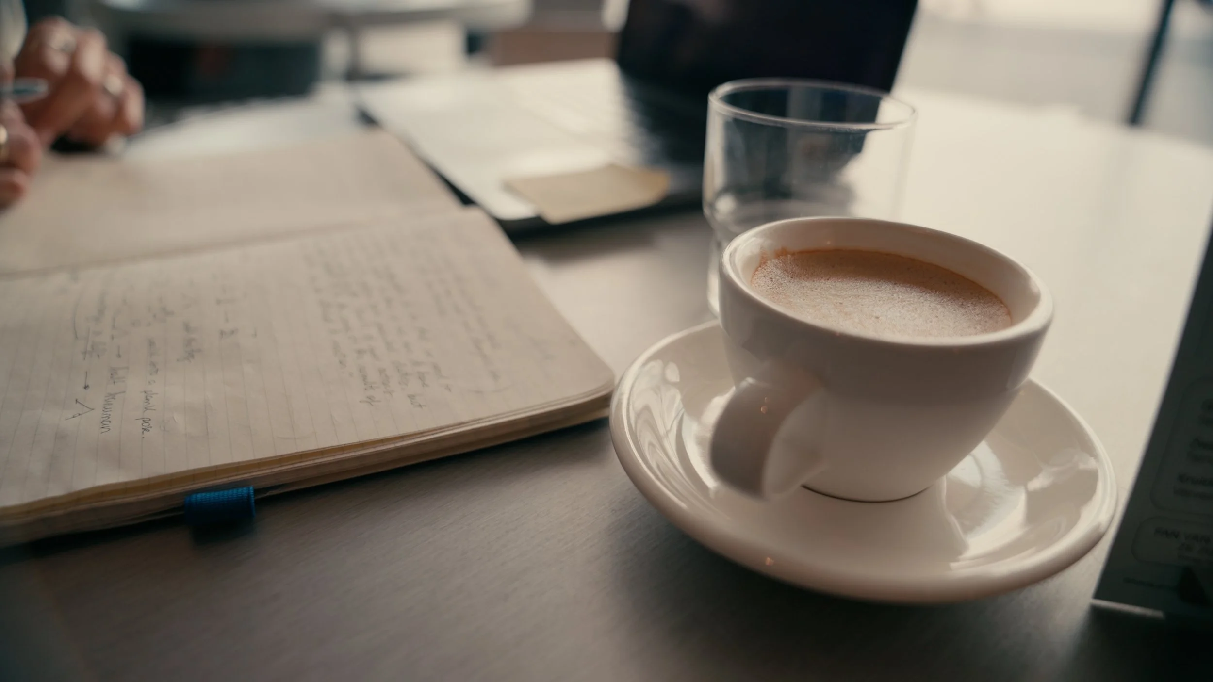 A white ceramic cup filled with coffee on a matching saucer on a table, next to an open notebook with handwritten notes and a blue pen attached to it. A glass of water and a laptop are in the background.