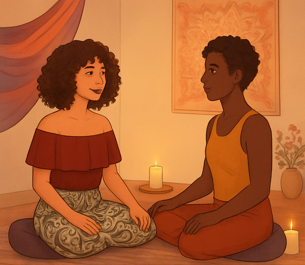 Two women sit on cushions facing each other in a peaceful room with candles and artwork, engaging in a calming or meditative activity.