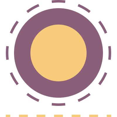 Circle shape with a purple and yellow background, and dashed lines around and underneath it.