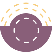 A purple semi-circle with dotted lines and dashed patterns around it