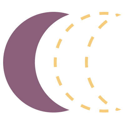 Illustration of a purple crescent moon with dashed yellow arc shapes representing phases of the moon.