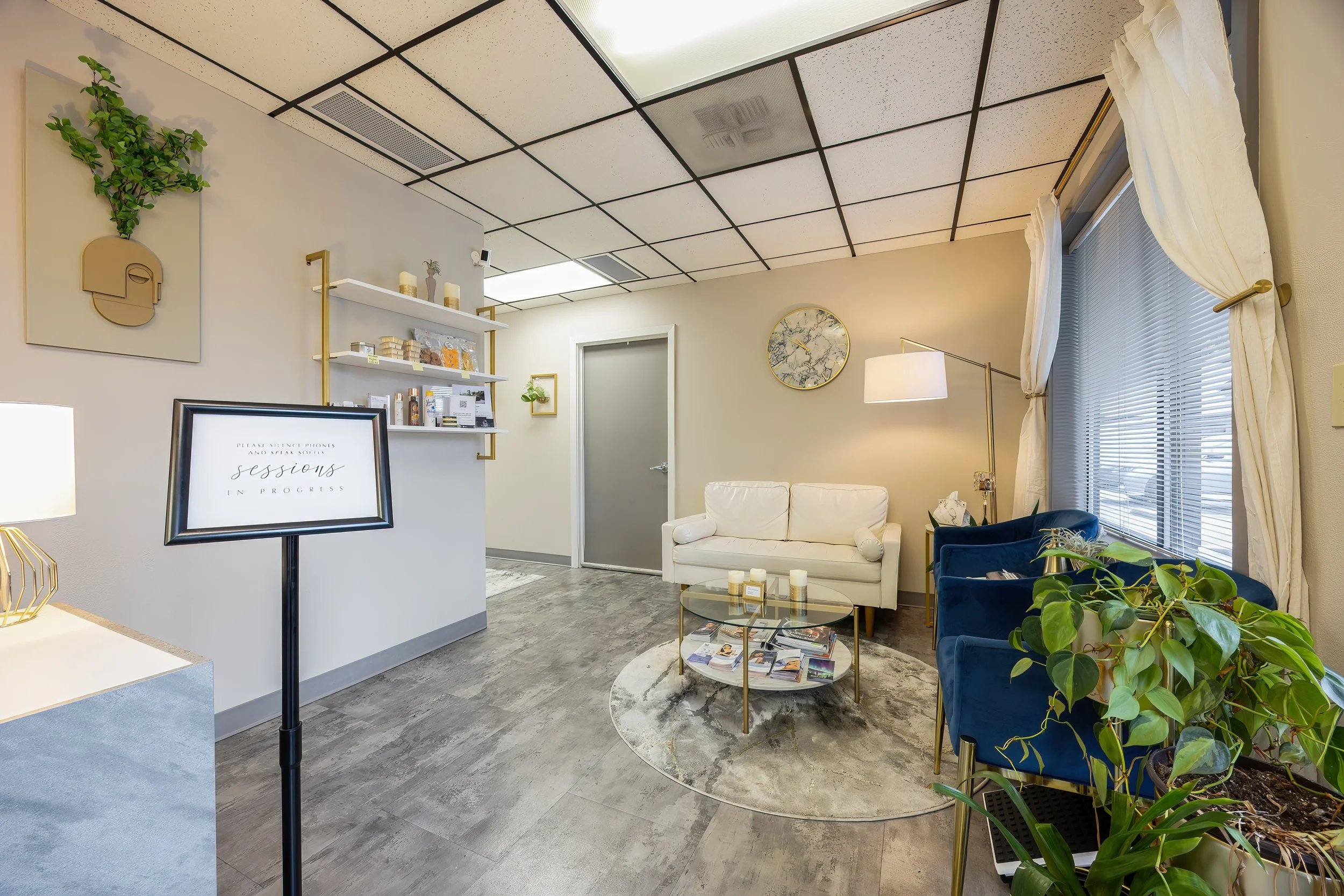 A waiting room with a white sofa, blue chairs, and a glass coffee table with magazines. There is a wall clock, a lamp, and decorative art on the walls. Near a window with curtains and blinds, there is a large potted plant. The overall decor is modern