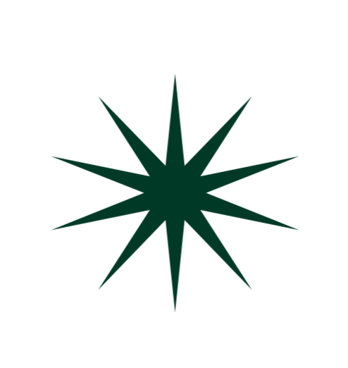 A dark green star-shaped design with sharp points on a black background.