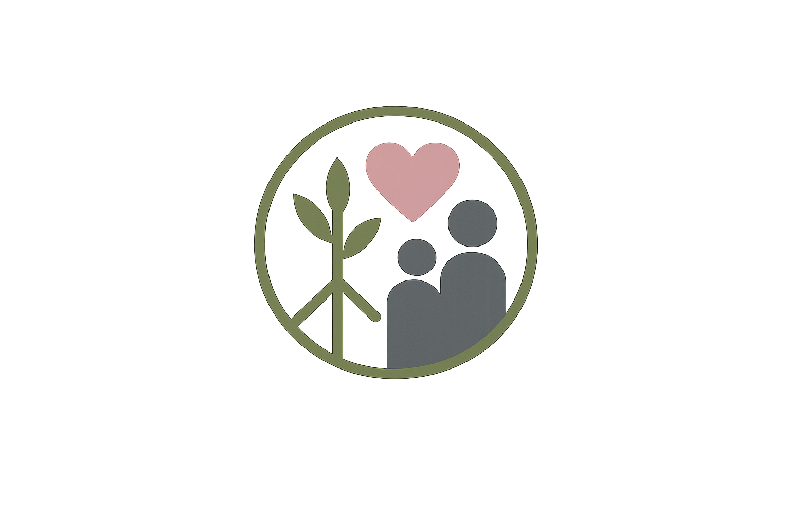 A circular emblem with a peace sign, a heart, a group of three people, and a plant.