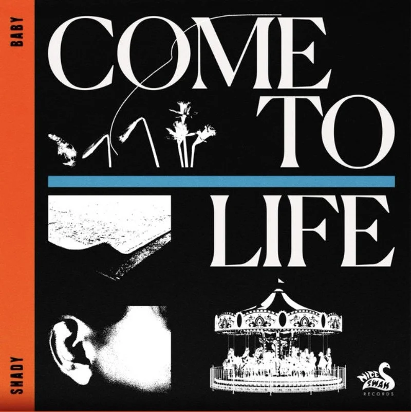 Album cover with black background, large white text that reads 'COME TO LIFE,' with smaller orange text vertically on the left side that says 'BABY SHADDY.' The cover features a white horizontal line separating the upper and lower sections, with smal
