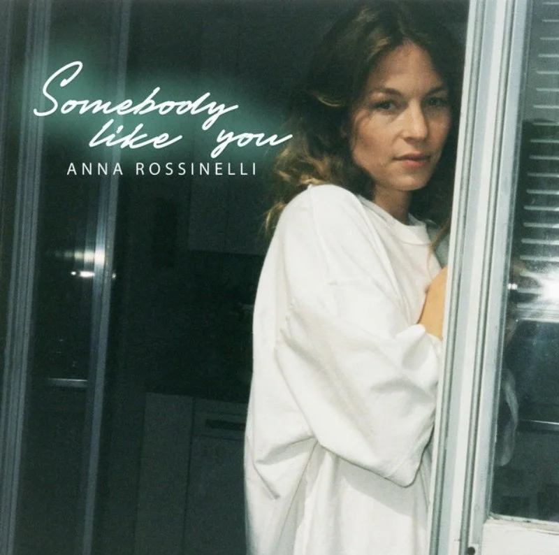 Cover of a book titled "Somebody Like You" by Anna Rossinelli, featuring a woman with brown hair wearing a white shirt, standing behind a glass door.