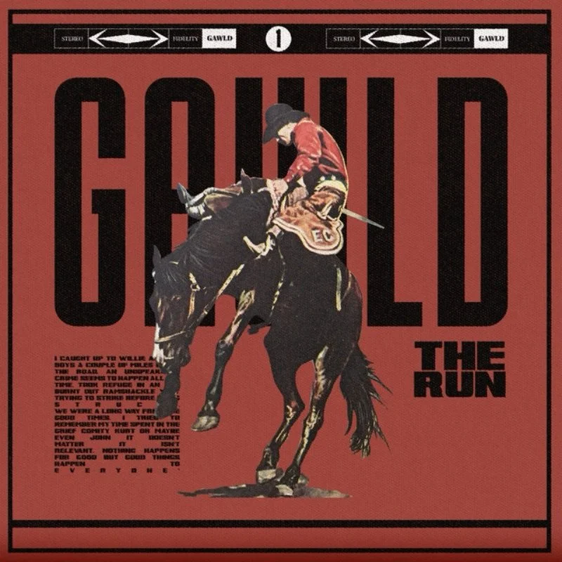 Illustration of a polo player riding a horse on a red background with large black text that reads 'GOLD' and smaller text 'THE RUN'.