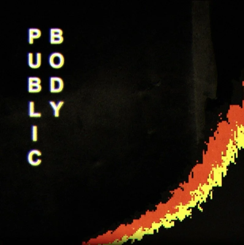 Colorful glowing text spelling 'PUBBLICY' and a pixelated rainbow-colored arc on a dark background.