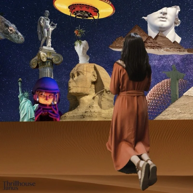 A girl sitting on a ledge looking at a surreal collage of famous landmarks and sculptures, including the Great Sphinx of Giza, Mount Rushmore, the Statue of Liberty, and the Christ the Redeemer statue, among space-themed elements like stars and plane