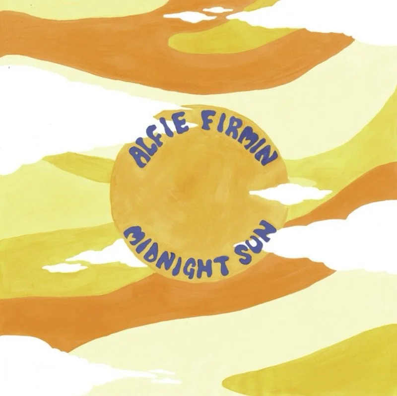 A yellow-orange sun with the text "Alfie Firgin Midnight Sun" written in blue around it, set against a background of orange and yellow clouds.