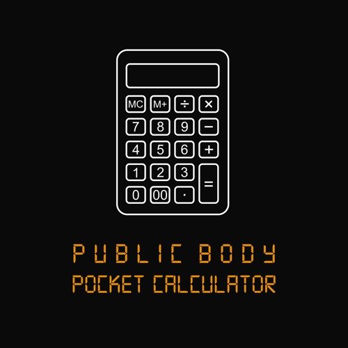 Black cover of a pocket calculator with white outline and orange text that reads "Public Body Pocket Calculator."