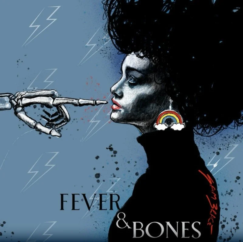 An illustration of a woman with dark, curly hair and pale skin, facing left. A skeletal hand points a syringe at her nose, with lightning bolts in the background. She has a rainbow earring and is wearing a black top with red text on the back. The ima
