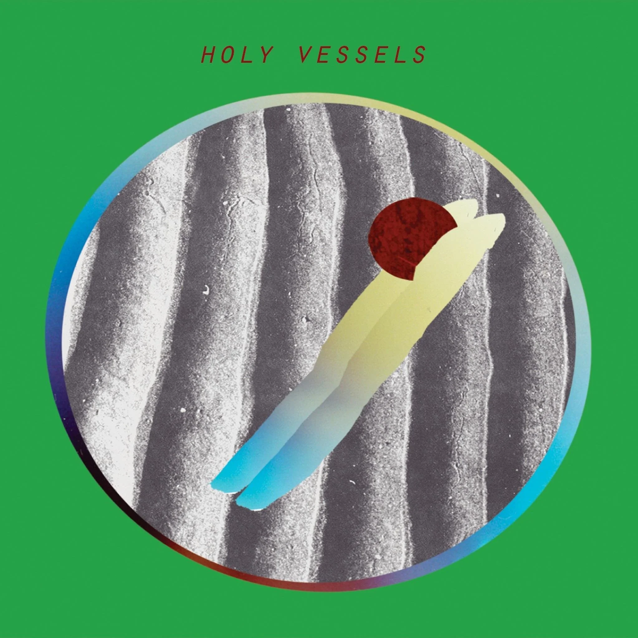 Close-up of a vintage silver spoon with a bird design, on a bright green background with a rainbow-colored border and the words 'Holy Vessels' in red text.