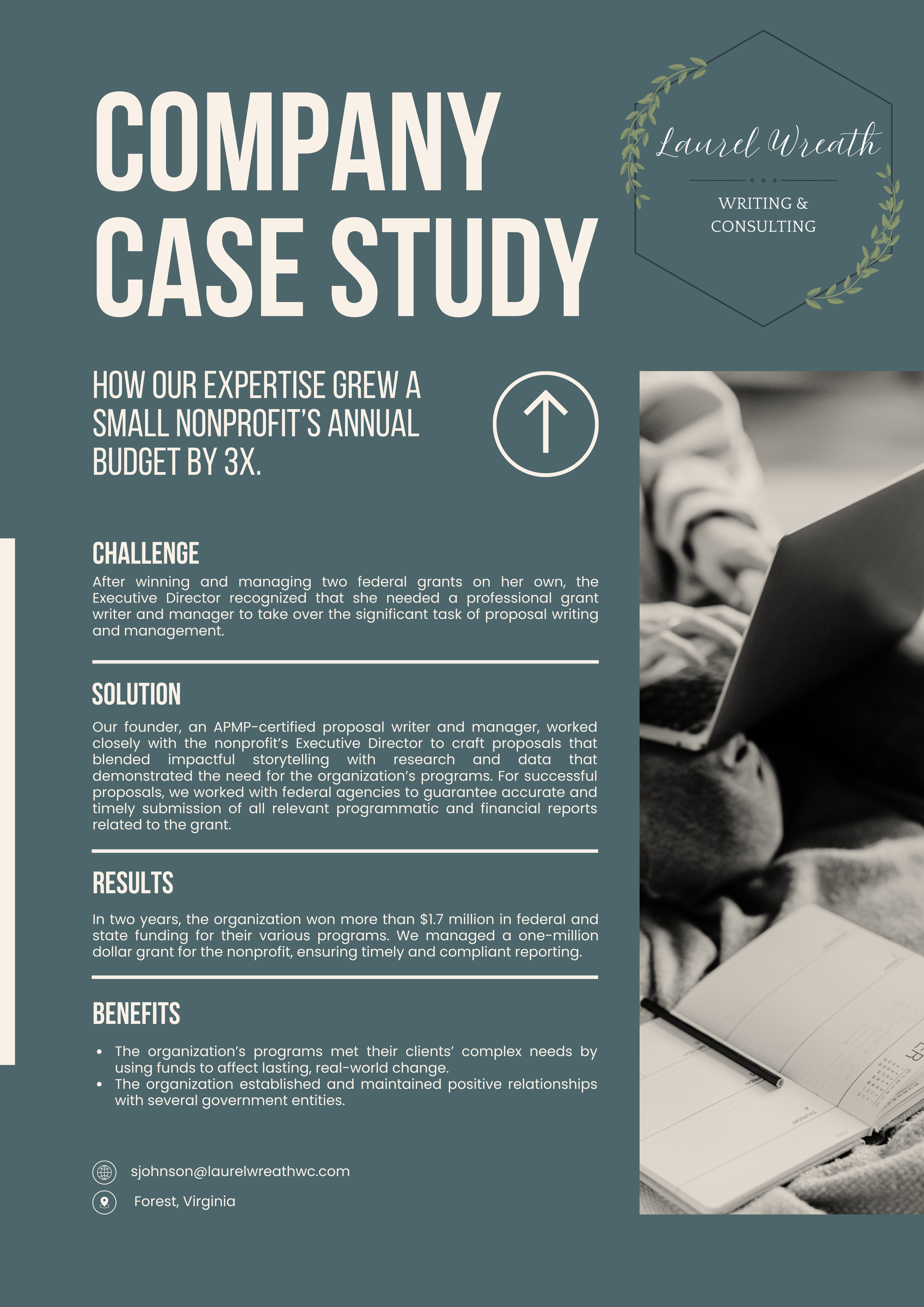 company, case, study, laurel, wreath, writing, consulting