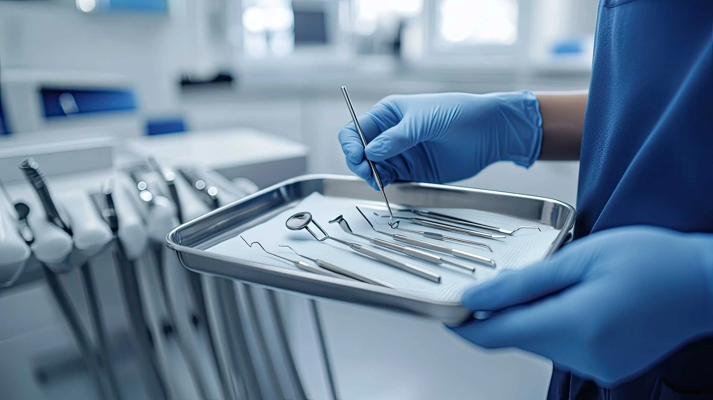 A person wearing blue gloves holds a tray with dental surgical tools in a modern dental or medical clinic.