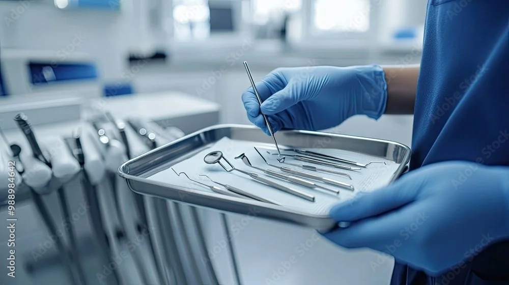 A dental professional wearing blue gloves holding a stainless steel tray with dental tools in a clinical setting.