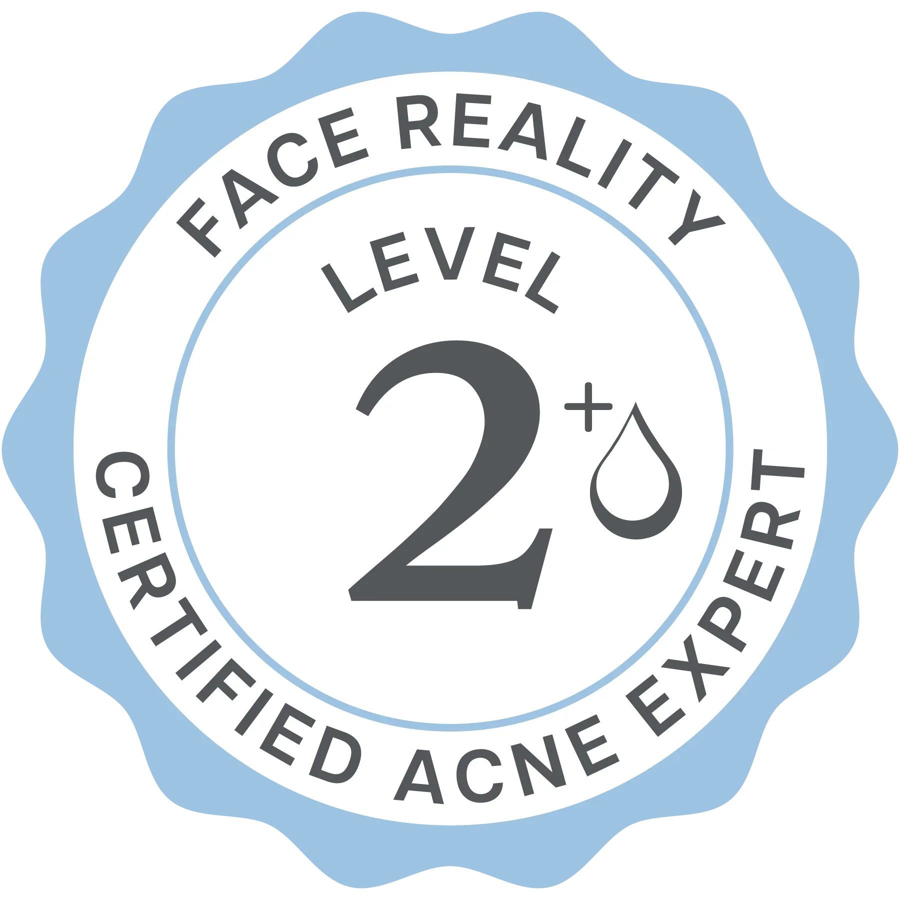 Certification badge indicating face reality certified acne expert with a level 2+ inside.