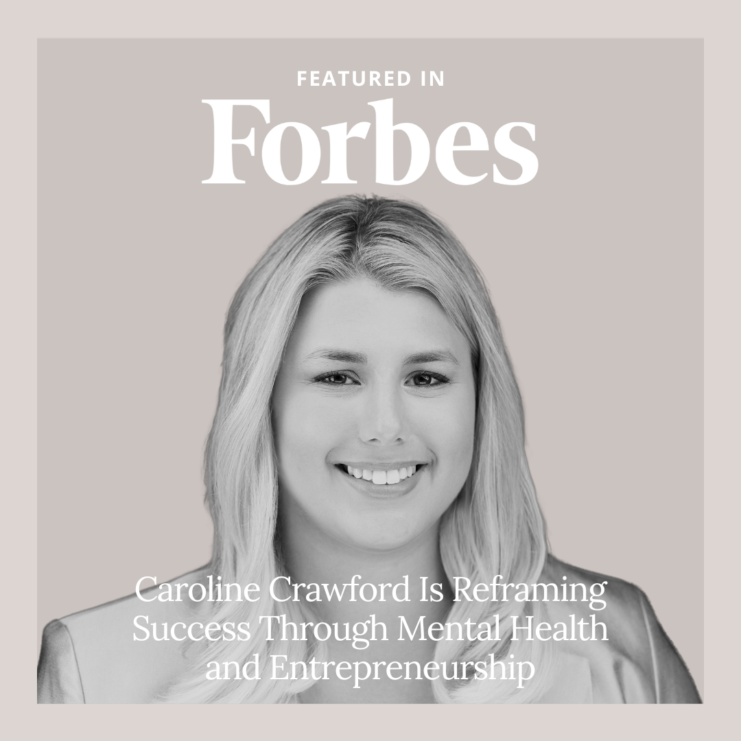 Black and white cover image featuring a woman with long blonde hair, smiling, with text indicating she is featured in Forbes and article title about Caroline Crawford's success through mental health and entrepreneurship.